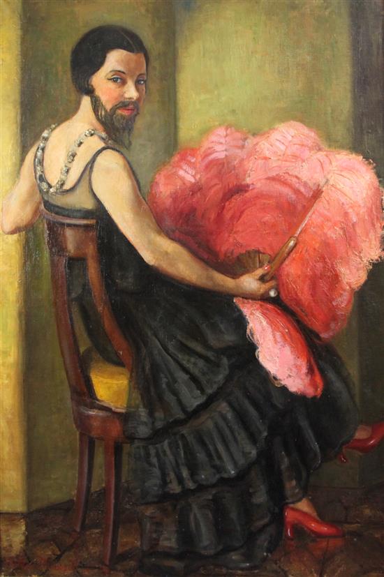 § Hélène Detroyat (1899-1951) Portrait of a bearded lady, seated holding an ostrich feather fan, 45 x 32in.